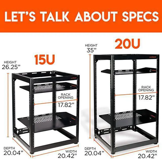 Alt view image 3 of 7 - 20U Open Frame Server Rack - Heavy Duty 4 Post Design Holds All Your Network & AV Gear - Includes 2 Vented Shelves & is Wall Mountable