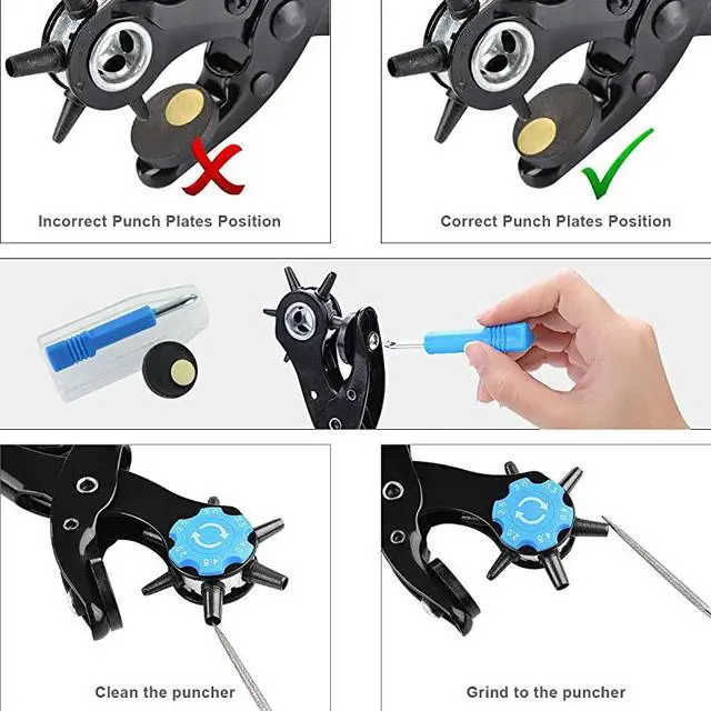 Alt view image 6 of 7 - Leather Hole Punch UpgradedPerfect Full Set Belt Puncher Heavy Duty Revolving Plier Tool with 2 Extra Plates and Ruler Multi Sized for Crafts Card Rubber Blue