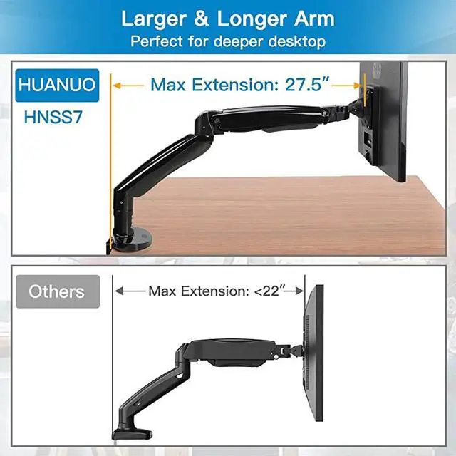 Alt view image 5 of 7 - Mount Stand, Long Single Desk Mount for 22 to 35 Inch Computer Screens Height Adjustable with Clamp, Grommet Mounting Base, Holds 6.6 to 26.4 lbs