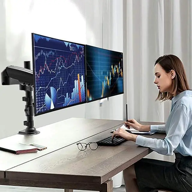 Alt view image 3 of 7 - Monitor Stand Height Adjustable Gas Spring Double Arm Monitor Mount Desk Stand Fit Two 17 to 32 inch Screens with Clamp Grommet Mounting Base Each Arm Hold up to 198lbs