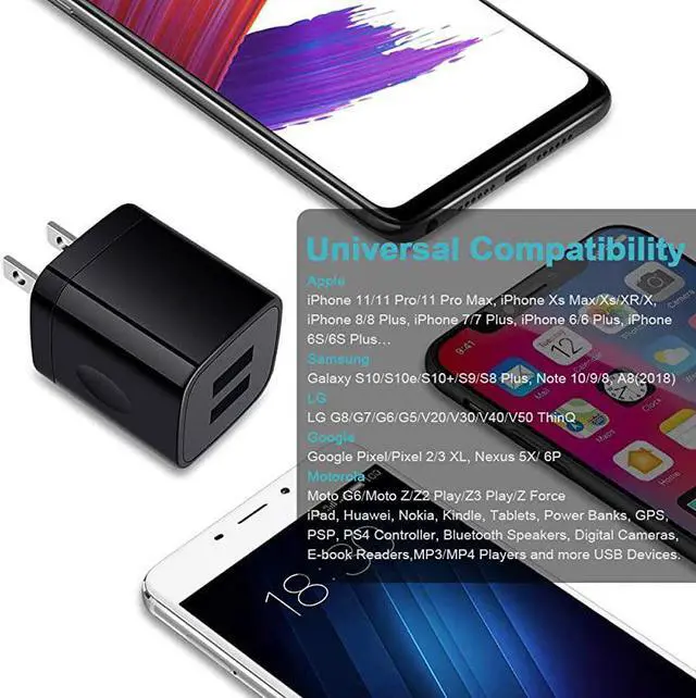 Alt view image 7 of 7 - USB Wall Charger  3 Pack 21A Dual Port USB Power Adapter Charger Plug Charging Block Cube Compatible for iPhone Xs MaxXRX876 PlusSamsung Galaxy A80 A50 A10e Google Pixel 3aLG G8Moto