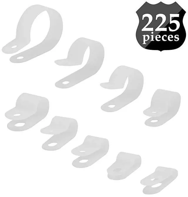Main image of 225pcs 9 Size White Nylon RType Cable Clamp Fastener Assortment Kit for 18 316 14 516 38 12 58 34 1 Inch Dia Wire Tube Plastic Wire Cord Clip Fixer