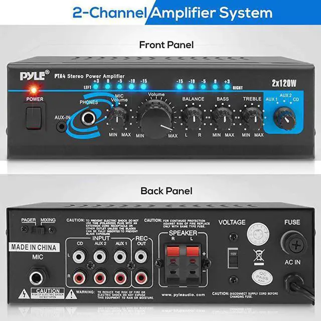 Alt view image 2 of 6 - Home Audio Power Amplifier System 2X120W Mini Dual Channel Mixer Sound Stereo Receiver Box w RCA AUX Mic Input For Amplified Speakers PA CD Player Theater Studio Use  PTA4