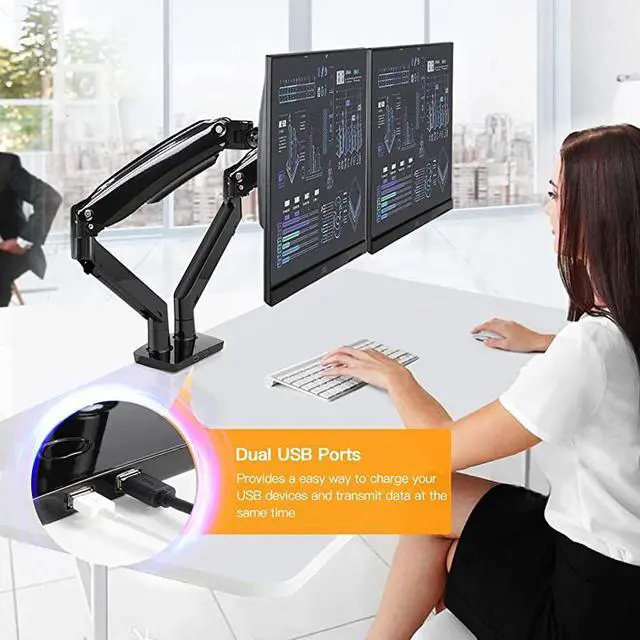 Alt view image 5 of 7 - Dual Monitor Mount Stand Long Double Arm Gas Spring Monitor Desk Mount for 2 Screens 22 to 35 Inch Height Adjustable VESA Bracket with Clamp Grommet Base Each Arm Hold up to 264 lbs