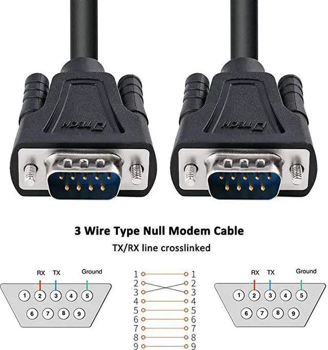 Alt view image 2 of 7 - 10ft DB9 to DB9 RS232 Serial Cable Male to Male Null Modem Cord Cross TX RX line for Data Communication 10 Feet Black