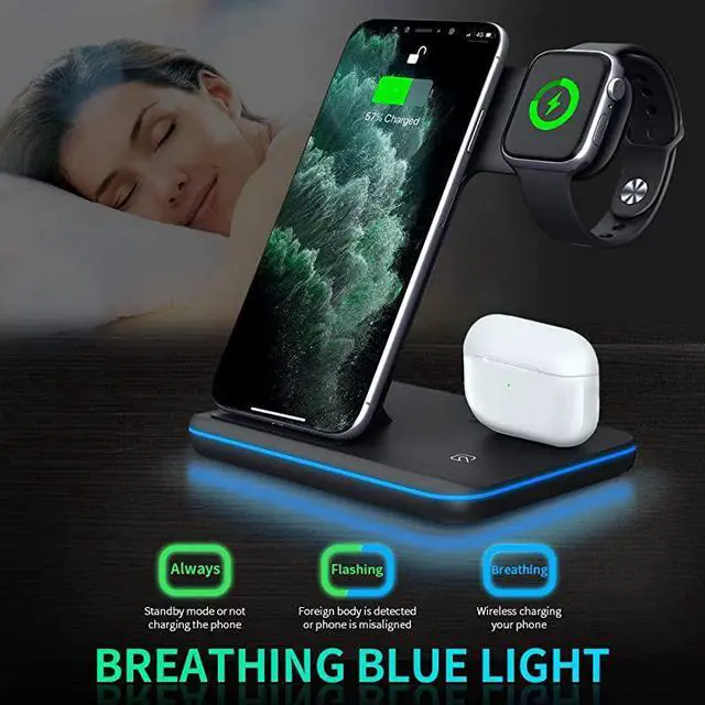 Alt view image 5 of 7 - Wireless Charger 3 in 1 QiCertified 15W Fast Charging Station for Apple iWatch Series 54321AirPods Compatible with iPhone 11 SeriesXS MAXXRXSX88 PlusSamsung Black