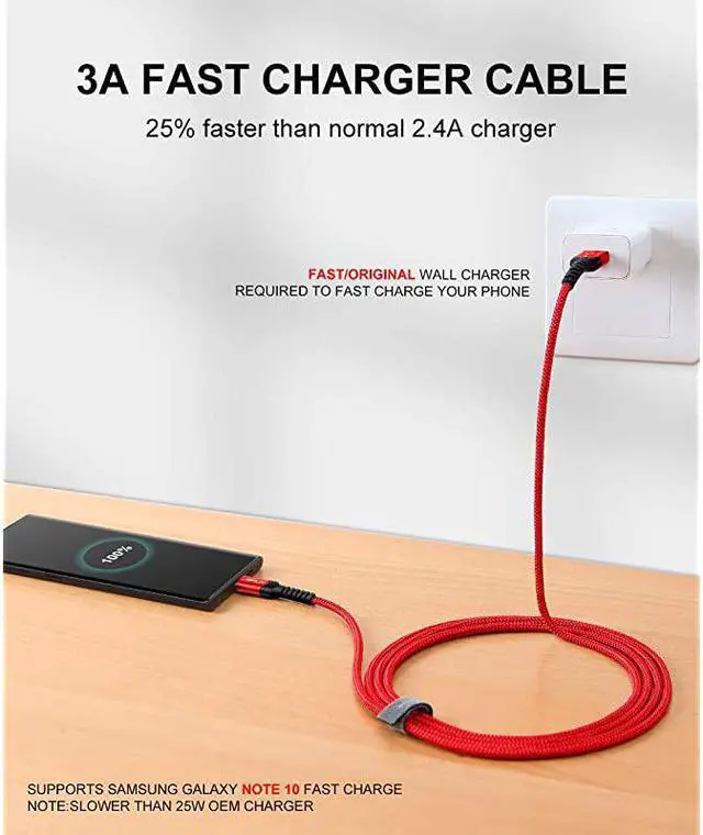 Alt view image 4 of 7 - USB-C Cable 3A Fast Charging,  3-Pack (10ft+6.6ft+3.3ft) USB A to Type C Charge Nylon Braided Cord Compatible with Samsung Galaxy S20 S10 S9 S8 Plus Note 10 9 8,PS5 Controller,USB C Charger(Red)