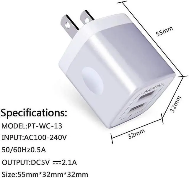 Alt view image 3 of 7 - USB Wall Charger, Charger Block,  2.1A Multiport Fast Charge Power Brick Cube for iPad, iPhone, iPod, Samsung Galaxy, Motorola, Moto, Huawei, HTC, LG, Nokia, PlayStation5, Cell Phone Charger Box