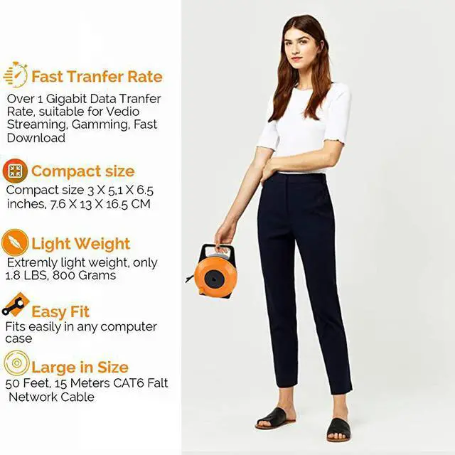Alt view image 6 of 6 - Retractable Ethernet Cable 50 Feet 15 Meter CAT6 Flat Internet Extension Cord Reel Portable 1 Gbps Data Speed Swiftly Setup Extend Networks MaleFemale RJ 45 Connector UTP Extender