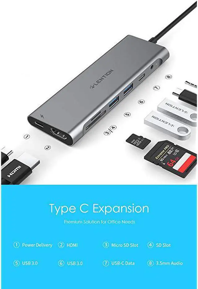 Alt view image 2 of 7 - 33FT Long Cable USB C Hub with 4K HDMI 2 USB 30 Card Reader Aux Type C DataCharging Adapter Compatible 20202016 MacBook Pro New Mac AirSurface ChromeBook More CBC37 Space Gray