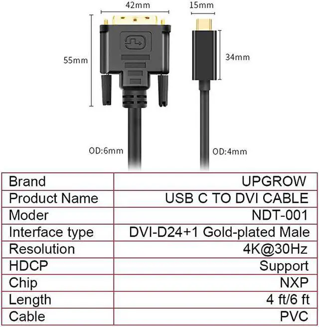 Alt view image 6 of 7 - USB C to DVI Cable 4K30Hz Thunderbolt to DVI Cable 6FT USB TypeC to DVI Female Support 20172020 MacBook ProSurface Book 2 Dell XPS 13Galaxy S10 UPGROWCMDM6