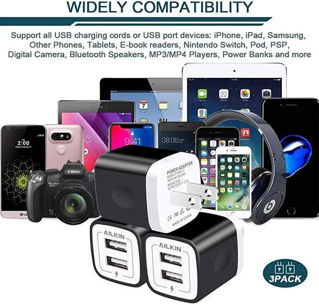 Alt view image 7 of 7 - USB Wall Charger, Charger Adapter,  3-Pack 2.1Amp Dual Port Fast Charging Plug Cube Box Block Brick Base for iPhone 12 SE XS Plus, Samsung Galaxy, LG, HTC, Moto, Kindle Power Delivery Original