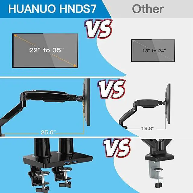Alt view image 3 of 7 - Dual Monitor Mount Stand Long Double Arm Gas Spring Monitor Desk Mount for 2 Screens 22 to 35 Inch Height Adjustable VESA Bracket with Clamp Grommet Base Each Arm Hold up to 264 lbs
