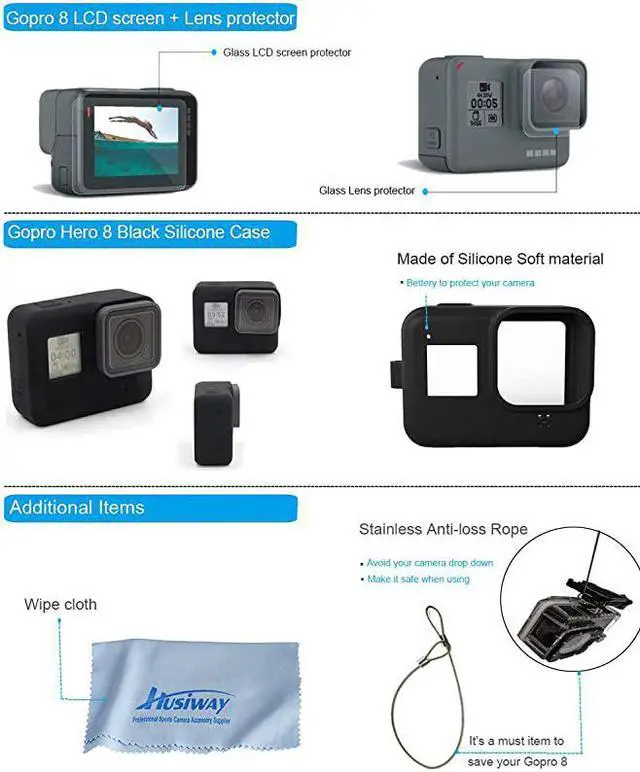 Alt view image 4 of 7 - Action Camera Accessories Kit for Gopro Hero 8 Black Waterproof Housing Silicone Case Glass Screen Protector are Compatible with Gopro8 Hero8 62D Kit for Gopro 8 Black