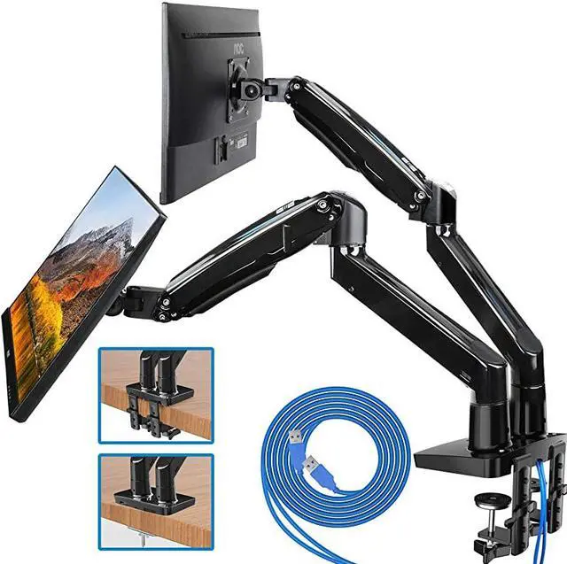 Main image of Dual Monitor Mount Stand Long Double Arm Gas Spring Monitor Desk Mount for 2 Screens 22 to 35 Inch Height Adjustable VESA Bracket with Clamp Grommet Base Each Arm Hold up to 264 lbs