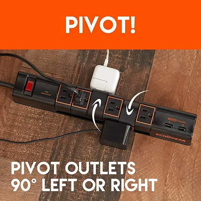 Alt view image 3 of 7 - Rotating Surge Protector Power Strip with 2 USB Ports 6 Rotating AC Outlets 1080 Joules of Heavy Duty Surge Protection with Long Power Cord Wall Mounting Holes