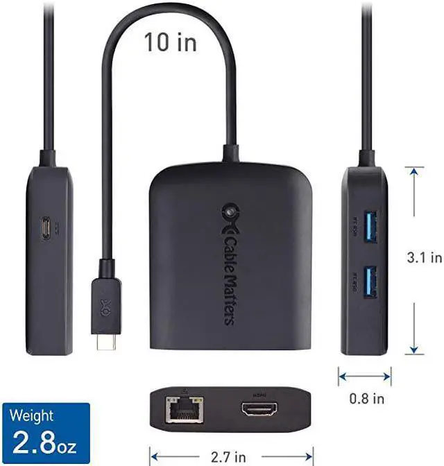 Alt view image 6 of 7 - Matters USB C Hub with HDMI 4K 80W Charging Gigabit Ethernet and 3X USB in Black USBC and Thunderbolt 3 Port Compatible with Surface Pro7 MacBook Pro Dell XPS and More