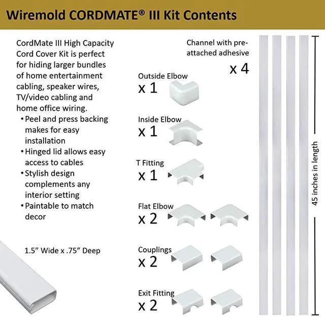 Alt view image 2 of 7 - Cable Management Kit CordMate III Cord Organizer and Hider Cord Cover Concealer and Protector for Wall High Capacity C310