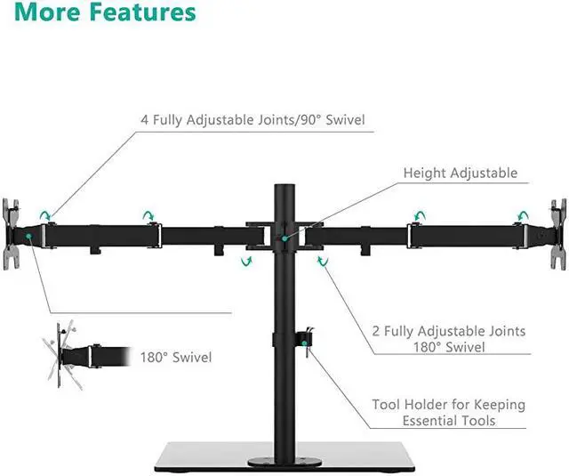 Alt view image 6 of 7 - Free Standing Dual Monitor Stand Fully Adjustable Desk Mount with Glass Base Fits 2 Screens up to 27 inch 22 lbs per Arm with Grommet Base GMF002 Black by