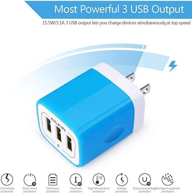 Alt view image 3 of 7 - Wall Charger, USB Charger Adapter,  3.1A/3Pack Muti Port Fast Charging Cube Power Charge Base Block Plug Replacement for Phone X/8/7 Plus, Samsung Note9/S9/S8/S7, Kindle Fire and More USB Plug