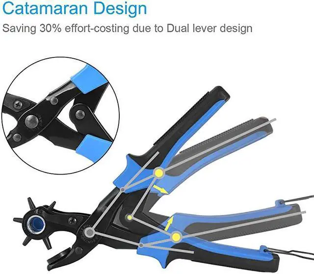 Alt view image 3 of 7 - Leather Hole Punch UpgradedPerfect Full Set Belt Puncher Heavy Duty Revolving Plier Tool with 2 Extra Plates and Ruler Multi Sized for Crafts Card Rubber Blue