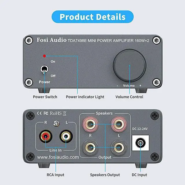 Alt view image 3 of 7 - 2 Channel Stereo Audio Amplifier Receiver Mini HiFi Class D Integrated Amp for Home Speakers 160W x 2 + 24V Power Supply