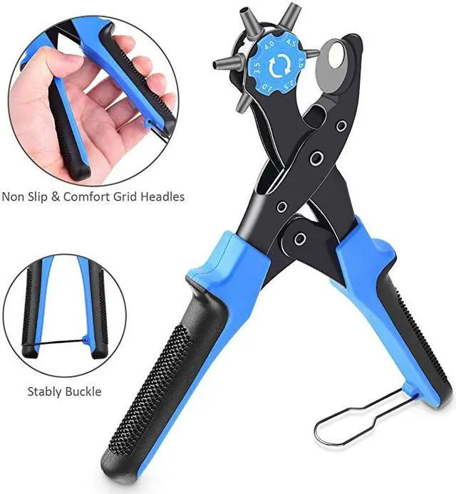Alt view image 5 of 7 - Leather Hole Punch UpgradedPerfect Full Set Belt Puncher Heavy Duty Revolving Plier Tool with 2 Extra Plates and Ruler Multi Sized for Crafts Card Rubber Blue