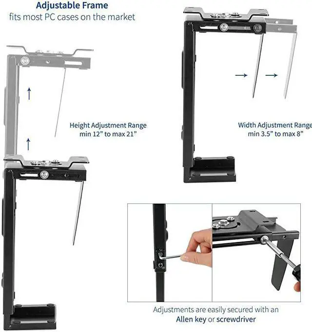 Alt view image 3 of 7 - Adjustable Under Desk and Wall PC Mount, Computer Case Holder with Swivel Action and Secure Locking, Black, MOUNT-PC01