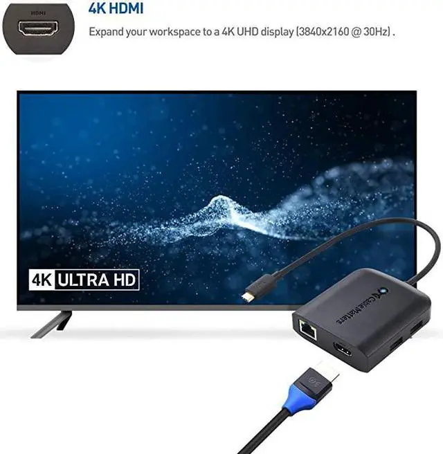 Alt view image 3 of 7 - Matters USB C Hub with HDMI 4K 80W Charging Gigabit Ethernet and 3X USB in Black USBC and Thunderbolt 3 Port Compatible with Surface Pro7 MacBook Pro Dell XPS and More