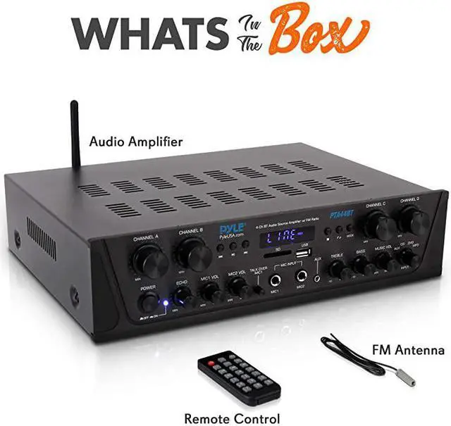 Alt view image 7 of 7 - 500W Karaoke Wireless Bluetooth Amplifier 4 Channel Stereo Audio Home Theater Speaker Sound Power Receiver w AUX IN FM RCA Subwoofer Speakers OUT USB Microphone IN w Echo  PTA44BT