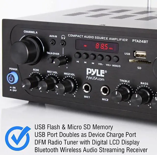 Alt view image 6 of 7 - Upgraded Karaoke Bluetooth Channel Home Audio Sound Power Amplifier wAUXin USB 2 Microphone Input wEcho Talkover for PA Black PTA24BT