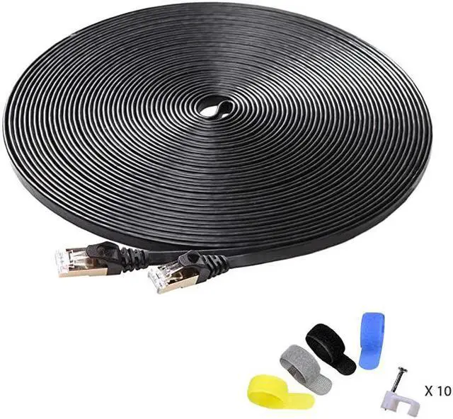 Main image of Cat7 Shielded Ethernet Cable 50ft Highest Speed Cable Flat Ethernet Patch Cable Support Cat5Cat6 Network600Mhz10Gbps Black Computer Cord + Free Clips and Straps for Router Xbox