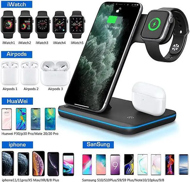 Alt view image 2 of 7 - Wireless Charger 3 in 1 QiCertified 15W Fast Charging Station for Apple iWatch Series 54321AirPods Compatible with iPhone 11 SeriesXS MAXXRXSX88 PlusSamsung Black