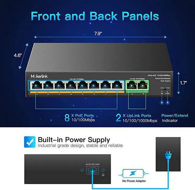 Alt view image 3 of 7 - 8 Port PoE Switch with 2 Gigabit Uplink, 802.3af/at PoE+ 100Mbps, 120W Built-in Power, Extend to 250Meter, Metal Plug & Play