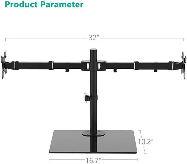 Alt view image 4 of 7 - Free Standing Dual Monitor Stand Fully Adjustable Desk Mount with Glass Base Fits 2 Screens up to 27 inch 22 lbs per Arm with Grommet Base GMF002 Black by