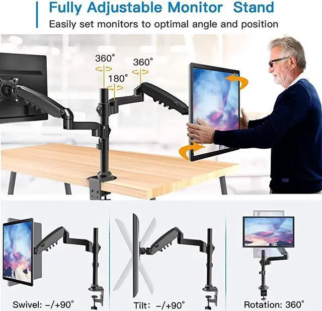 Alt view image 4 of 7 - Monitor Stand Height Adjustable Gas Spring Double Arm Monitor Mount Desk Stand Fit Two 17 to 32 inch Screens with Clamp Grommet Mounting Base Each Arm Hold up to 198lbs