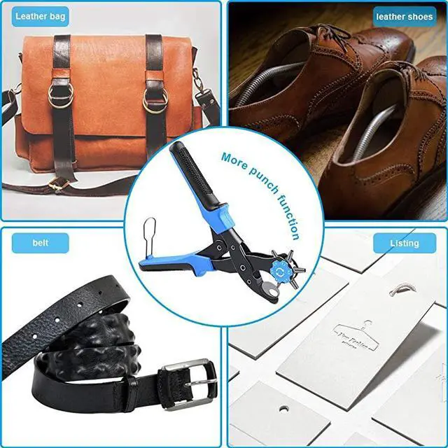 Alt view image 7 of 7 - Leather Hole Punch UpgradedPerfect Full Set Belt Puncher Heavy Duty Revolving Plier Tool with 2 Extra Plates and Ruler Multi Sized for Crafts Card Rubber Blue