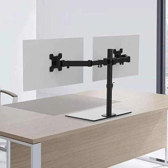 Alt view image 7 of 7 - Free Standing Dual Monitor Stand Fully Adjustable Desk Mount with Glass Base Fits 2 Screens up to 27 inch 22 lbs per Arm with Grommet Base GMF002 Black by