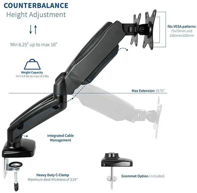 Alt view image 5 of 7 - Dual Arm Monitor Desk Mount Height Adjustable, Tilt, Swivel, Counterbalance Pneumatic Stand, VESA Bracket Arm Fits Most Screens up to 27 inches STAND-V002O