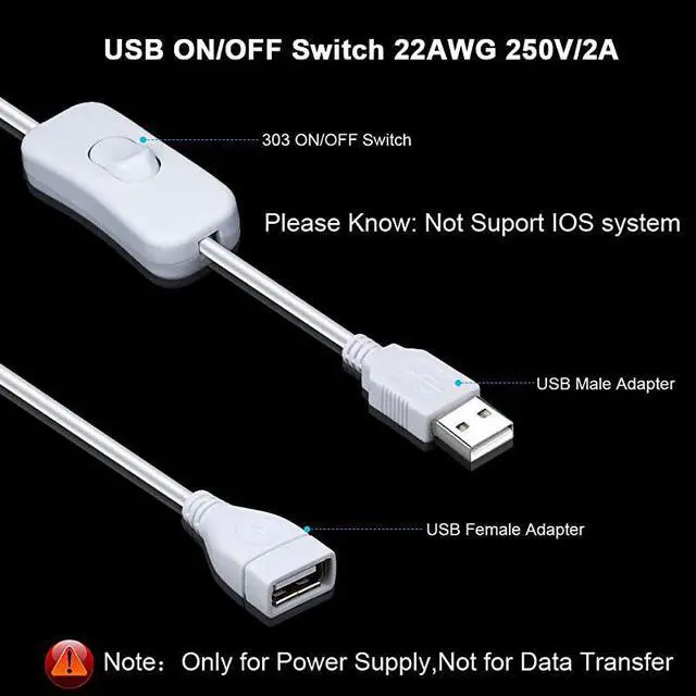 Alt view image 3 of 7 - 2 Pack Male to Female USB Cable with OnOff Switch USB Extension Inline Rocker Switch for Driving Recorder LED Desk Lamp USB Fan LED StripWhite