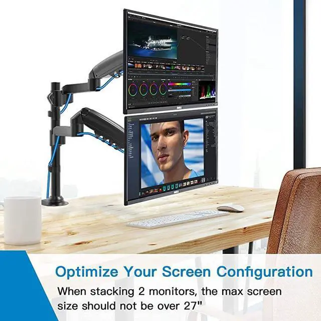 Alt view image 5 of 7 - Monitor Stand Height Adjustable Gas Spring Double Arm Monitor Mount Desk Stand Fit Two 17 to 32 inch Screens with Clamp Grommet Mounting Base Each Arm Hold up to 198lbs