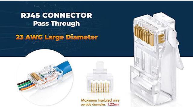 RJ45 Cat6/6a Pass Through Connectors for a Thick 23 AWG Large Diameter UTP  Network Cable, 100 Pcs | Insert Guides Included