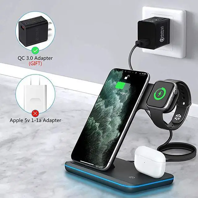 Alt view image 3 of 7 - Wireless Charger 3 in 1 QiCertified 15W Fast Charging Station for Apple iWatch Series 54321AirPods Compatible with iPhone 11 SeriesXS MAXXRXSX88 PlusSamsung Black