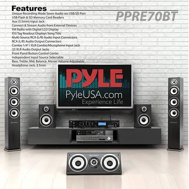 Alt view image 6 of 6 - Rack Mount Studio Pre-Amplifier - Audio Receiver System w/Digital LCD Display Bluetooth FM Radio Recording Mode Remote Control USB Flash or SD Card Reader Input and Output Jack - PPRE70BT