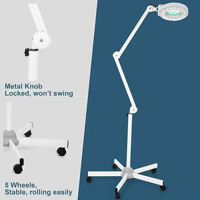 Alt view image 4 of 7 - Floor lamp with 5 Wheels Rolling Base for Estheticians - 1,500 Lumens LED Dimmable Light with Glass, 8-Diopter Lighted Magnifier for Reading, Crafts, Sewing, Close Work(5X)