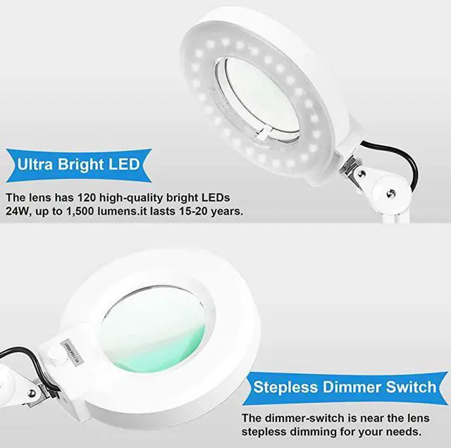 Alt view image 5 of 7 - Floor lamp with 5 Wheels Rolling Base for Estheticians - 1,500 Lumens LED Dimmable Light with Glass, 8-Diopter Lighted Magnifier for Reading, Crafts, Sewing, Close Work(5X)
