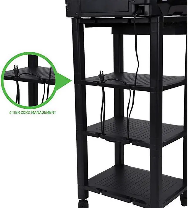 Alt view image 3 of 7 - PRCARTLG-BLK 4 Printer Cart, Stand with Wheels, Drawer, Cord Management, Office Paper, Shelf Organization, 40 lb Capacity, Black