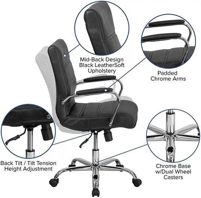 Alt view image 5 of 7 - MidBack Black LeatherSoft Executive Swivel Office Chair with Chrome Base and Arms