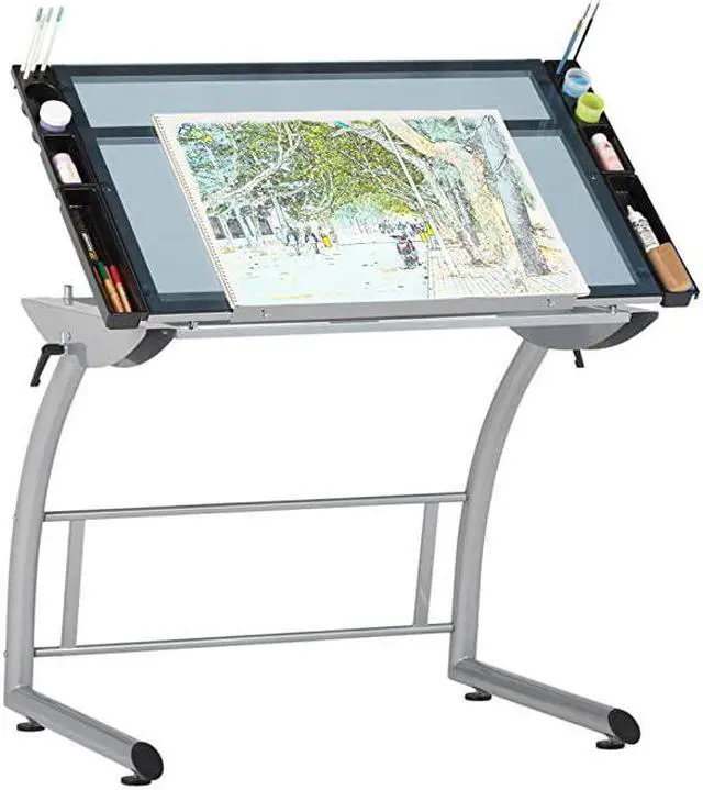 Alt view image 4 of 7 - Triflex Drawing Table Sit to Stand Up Adjustable Office Home Computer Desk 3525 W X 235 D SilverBlue Glass
