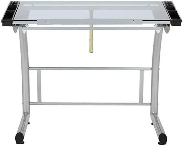 Alt view image 5 of 7 - Triflex Drawing Table Sit to Stand Up Adjustable Office Home Computer Desk 3525 W X 235 D SilverBlue Glass